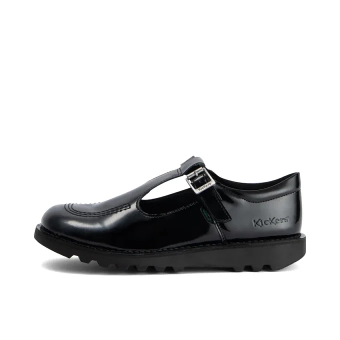 Youth Womens Kick T Bar Leather Alternative Patent Leather Black