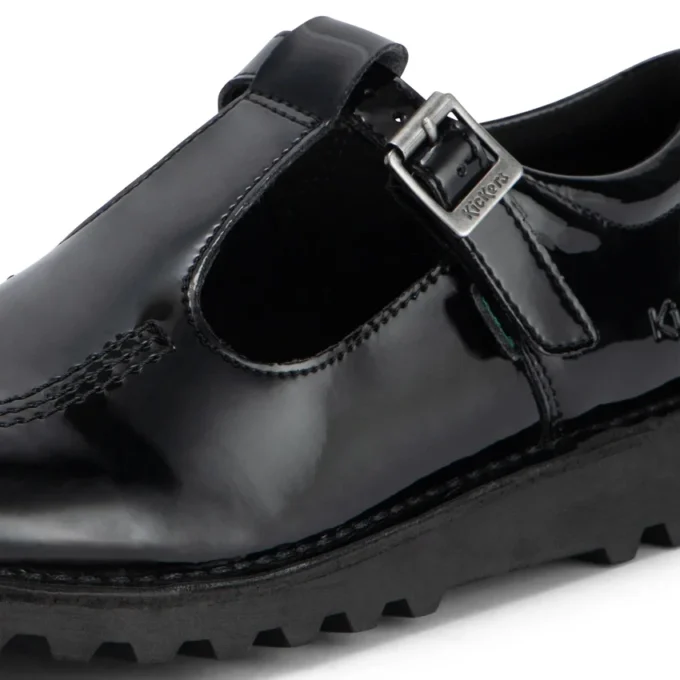 Youth Womens Kick T Bar Leather Alternative Patent Leather Black
